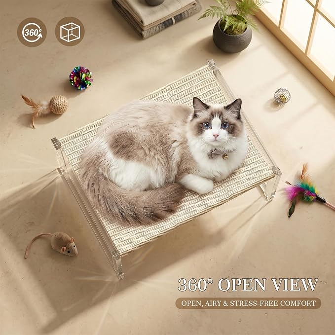 Acrylic Cat Hammock Bed, Elevated Cat Bed with Breathable Woven Mat, Sturdy Clear Cat Perch for Indoor Cats, Kittens, Small Dogs, Space-Saving Cat Furniture for Home Decor