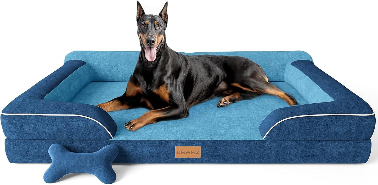 XXL Dog Bed for Extra Large Dogs, Giant Orthopedic Dog Bed with Cooling Gel Memory Foam, Waterproof Pet Bed with Removable Washable Cover, 53" Pet Sofa Bed Dutch Velvet with Bone Toy, Navy Blue