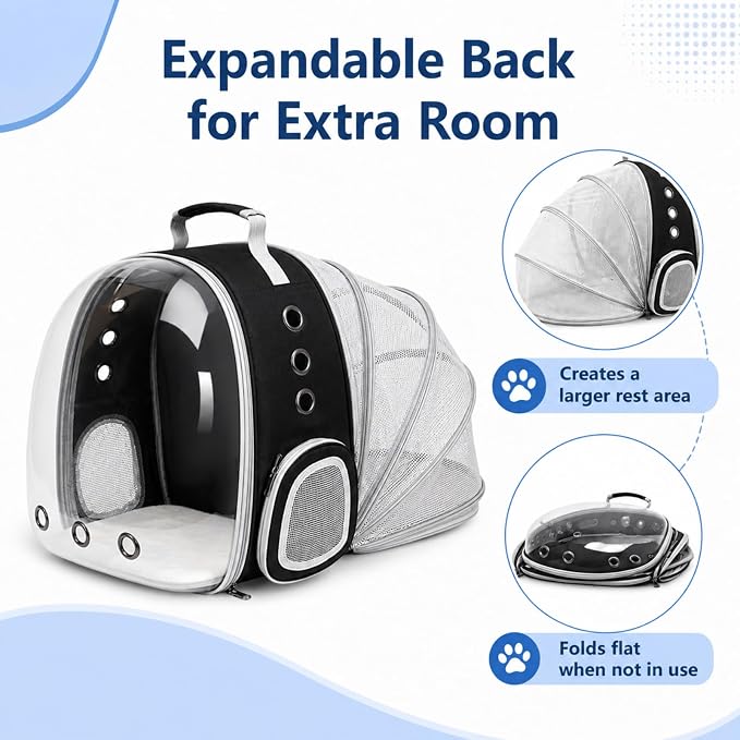 Expandable Cat Carrier Backpack for Cats and Dogs, Bubble Window Pet Travel Backpack with Breathable Mesh, Anti-Collapse Structure, Side Door, Safety Leash, for Vet Visits, Hiking, Outdoor, Black