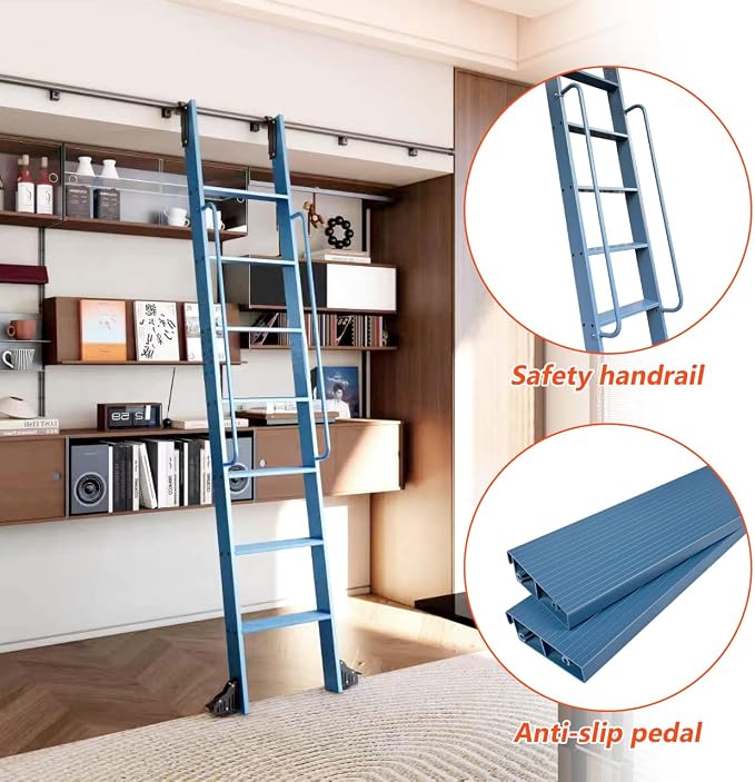 DIYHD 108" Rolling Library Ladder with Handrail, 4FT Sliding Rail, Blue | 9-Step lightweight ladder with space-saving upright storage, Telescopic top hooks, Locking bottom rollers, 300lbs capacity