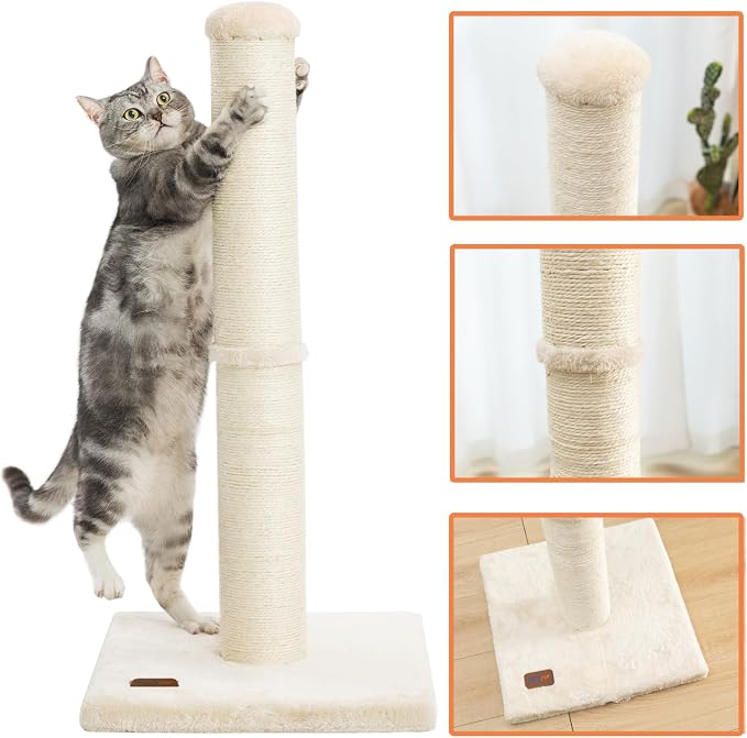 Karolpar 34inch Cat Scratching Post with Natural Sisal Rope 4.3Inch Large Diameter Scratcher Post Tree for Indoor Cats Beige