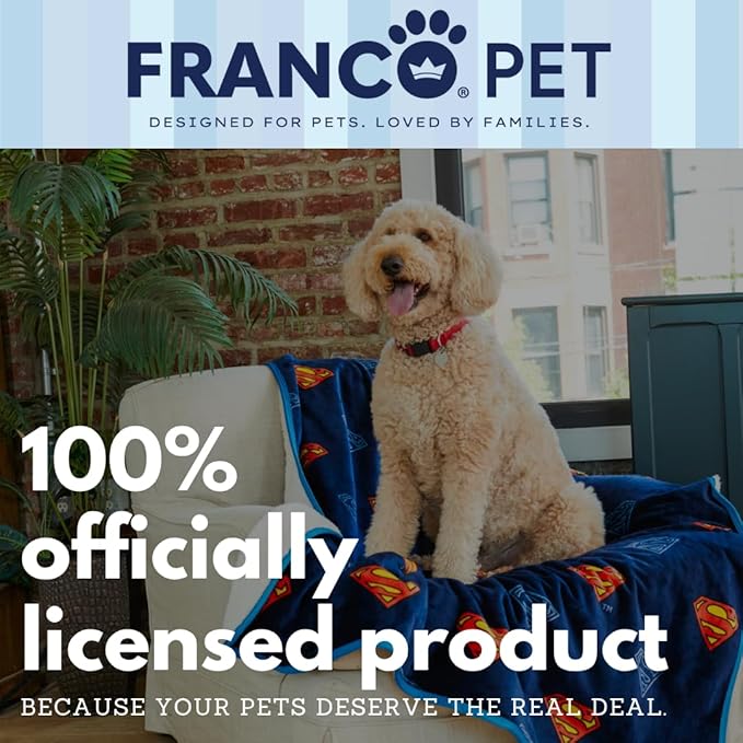 Franco Pet Superman DC Comics Super Soft Cozy Waterproof Sherpa-Backed Blanket Throw for Large Dogs, Couch/Bed/Car, 50x60 (Officially Licensed Product)