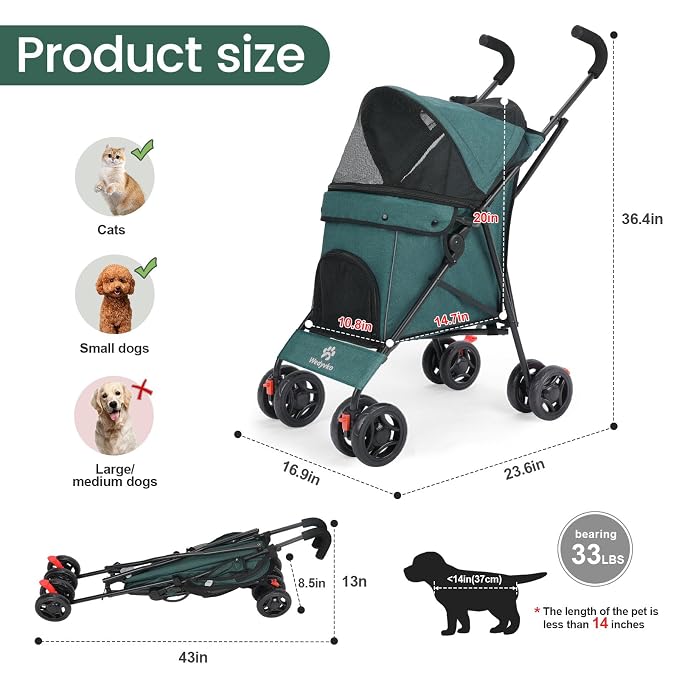 3 in 1 Pet Stroller for Small Dogs and Cats, Foldable Pet Stroller with Cats and Dogs Jogger Travel Strollers, 4 Wheels, Breathable Mesh, Large Capacity, Easy to Carry (Dark Green)