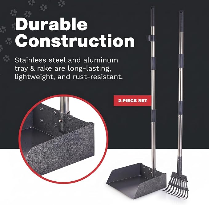 Metal Pooper Scooper for Dogs with Heavy Duty Long Handle Rake & XL Tray | Rustproof Aluminum Poop Scooper for Large Dogs, 36+" Handles and 9”W 9.5”L Extra Large Tray for Yard, Grass, Dirt & Gravel