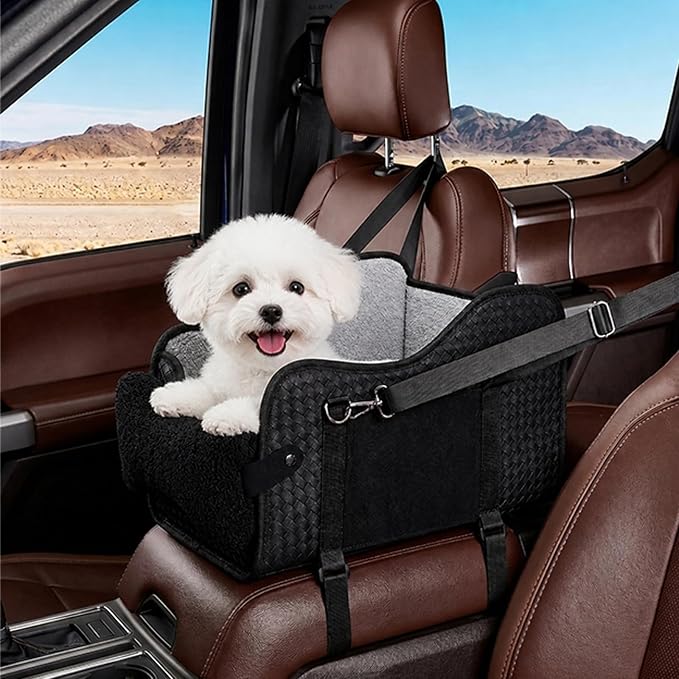 Dog Car Seat for Small Dogs，Center Console Pet Booster Car Seat | Pet Car Seat (Up to 15 lbs), Adjustable Straps, Storage Pocket, Anti-Collapse, Washable Reversible Seat Cushion Black