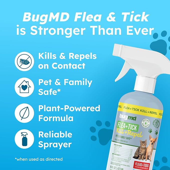 BugMD Flea and Tick Spray for Dogs and Cats – Kills & Repels on Contact – Plant-Powered Flea Treatment for Home, Furniture & Carpet | Makes 32 oz