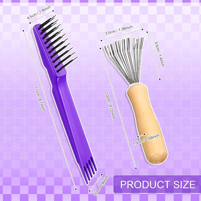 Boao 2 Pack Hair Brush Cleaning Tool,2-in-1 Comb Rake and Brush Cleaner for Removing Hair,Dust and Buildup,Mini Hairbrush Accessory for Home&salon(Purple, Wood Color,Polished Wooden Handle Rake)