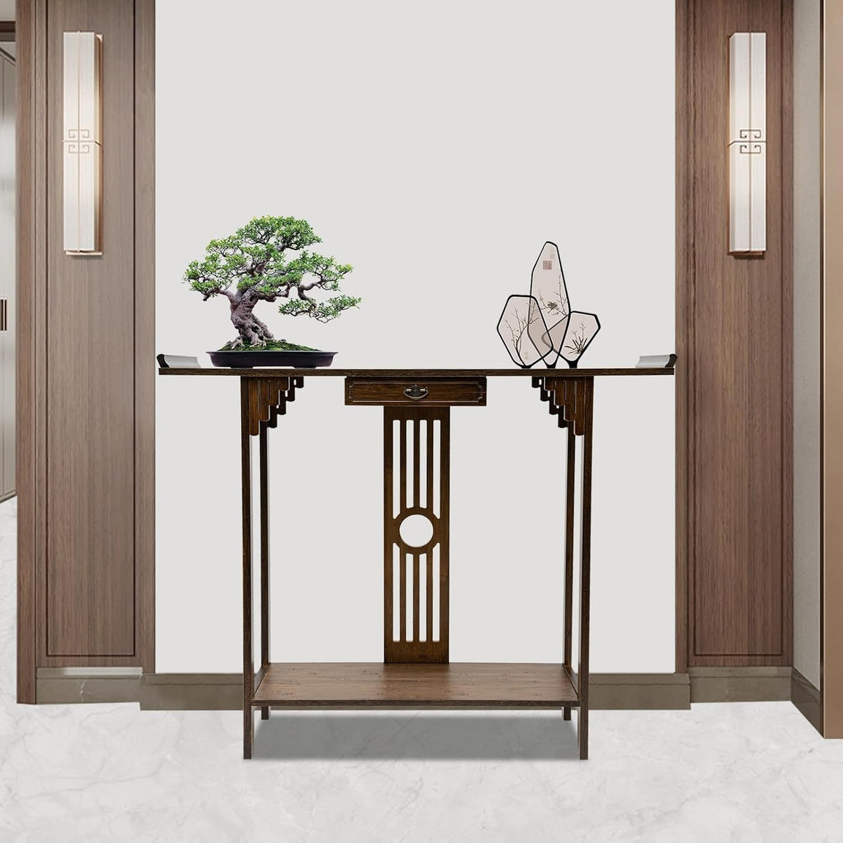 Console Table with Storage Shelves, 2 Tiers L 40.1” Narrow Sofa Table with Drawers, Bamboo Entryway Table for Small Spaces, Living Room Hallway Foyer Corridor Wood Entry Table