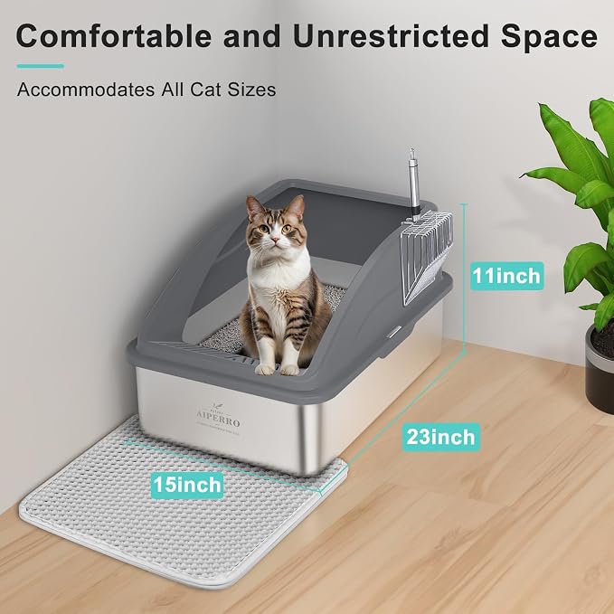AIPERRO Stainless Steel Litter Box | XL Enclosed Cat Litter Boxs with Lid for Big Cats | High Sided, Anti-Urine Leakage | Non-Stick Bottom & Includes Litter Mat & Metal Scoop (Dark Gray)