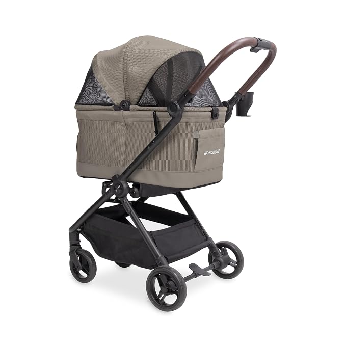 WonderFold Bella Pet Stroller - Autofold Design with Lightweight Aluminum Frame, Breathable Carriage Fabrics and Canopy, Safety Tethers & Easy-Clean Interior - Dune