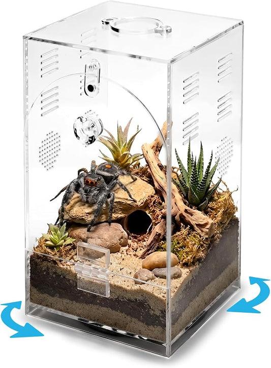 Acrylic Jumping Spiders Enclosure 360 Rotating 4.3" x 4.3" x 7.5" Praying Mantis Habitat