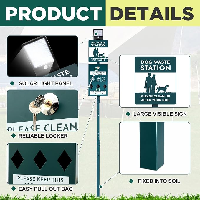 Tujoe Dog Waste Station with Solar Panels Outdoor Light Up at Night,Galvanized Steel Dog Trash Bin Dispenser,Rust Proof LED Pet Station for Commercial Park Backyard(Without Trash Bin)