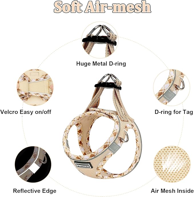 Mercano Soft Mesh Dog Harness and Leash Set, No-Chock Step-in Reflective Breathable Lightweight Easy Walk Vest Harnesses with Safety Buckle for Small Dogs, Cats (Beige, XXS)