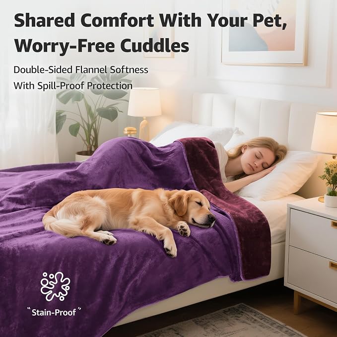 LOOBANI Waterproof Blanket for Twin Bed, Purple Throw Blanket 60" x 80" | Dog Splash Blankets for Large Dogs, Reversible Spill-Proof Couch Cover for Sofa Protection, Movie Nights, Camping, Noise Free