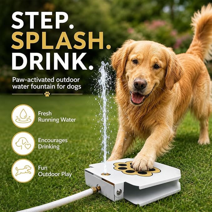 Outdoor Dog Water Fountain Step On - Dog Sprinkler Paw Activated for Large Medium Dogs - Outside Pet Drinking Water Dispenser Toy, Upgraded Copper Valve, Hose & Y Splitter (1PC)