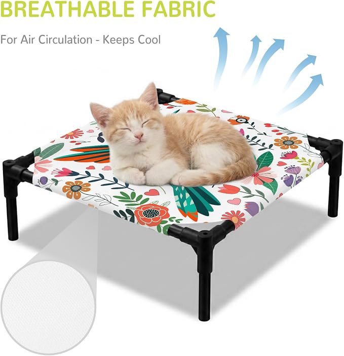 Outdoor Elevated Dog Bed for Small Dogs, Birds Flowers Breathable Cooling Raised Dog Cot for Indoor/Outdoor, Cartoon Sunny Colorful Botanical Floral Waterproof Elevated Pet Beds, S 20 x 20 in