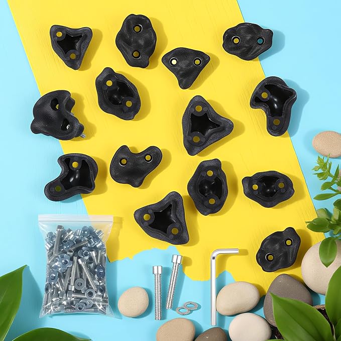Soulchen 30 Pcs Rock Climbing Holds for Climber 3 Shapes Extra Large Rock Climbing Stone Wall Grips with Wrench, Screw for Indoor and Outdoor Playground Backyard Park (Black Classic Style)