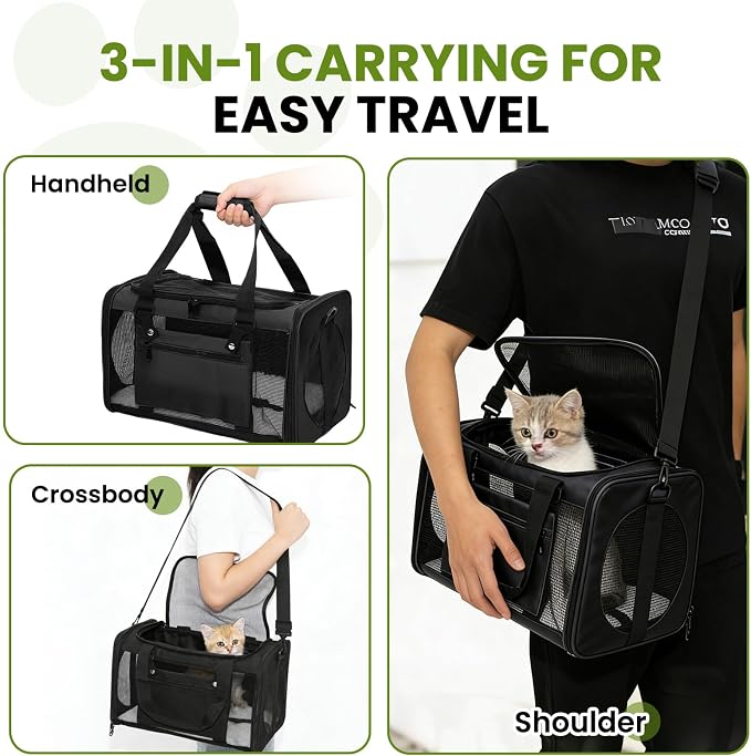 Soft-Sided Cat Carrier Expandable Pet Carrier Airline Approved Mesh Zipper with Lock Travel Carrier Up to 15lbs for Cats Dogs Collapsible Escape-Proof with Strap (18x11x11 Black-L)