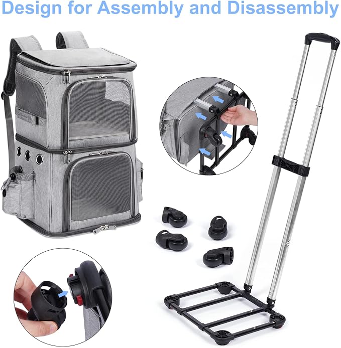 Double-Compartment Cat Carrier Backpack with Wheels for Two Pets | 2-in-1 Pet Rolling Carrier for Smalls Cats and Dogs, Perfect for Traveling / Walking/ Vet, Up to 12 lbs each, Grey