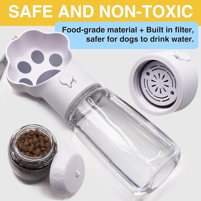 Dog Water Bottle with Food Container, Portable Pet Dispenser, Leak Proof, Hiking, Puppy Travel, Outdoor Activities(18.6 fl.oz/550ml, White)