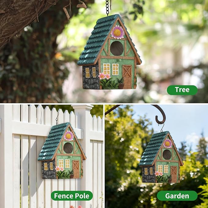 Bird Houses for Outside Cottage-Style Hanging Birdhouse with Flower Accents – Hand-Painted Resin Decorative Birdhouses for Outdoors for Bluebird Finches Cardinals Bird Nesting Garden, Patio, Yard
