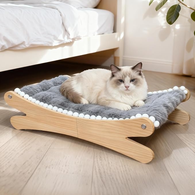 Plush Elevated Cat Bed - Cozy Raised Cat Hammock with Solid Wood Frame, Soft Furry Cushion for Indoor Cats & Small Dogs, Multi-Color Options(Grey)