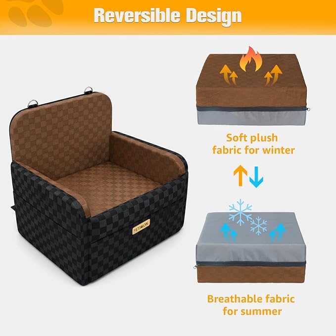 PETICON Waterproof Dog Car Seat for Small Medium Dogs, 5in Memory Foam | Pet Booster Seat for Dogs up to 35 lbs with Pockets, Detachable Washable Pet Carseat with Y-Shape Safety Belt