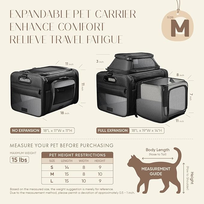 Top and Side Expandable Pet Carrier with Treat & Pet Window,18x11x11 Inch Delta American United Airline Approved,Soft-Sided Dog Carrier for Small Dogs and Cats,Travel Cat Carrier with Locking Zippers