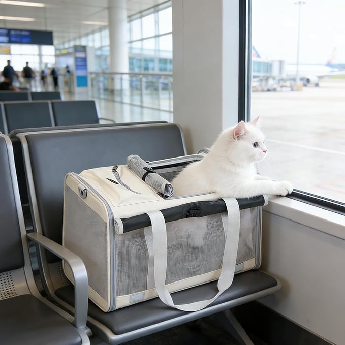Pet Carrier Bag for Cats & Small Dogs, Airline Approved Travel Cat Carrier with Mesh Windows, Shoulder Strap & Removable Mat, Foldable Design for Home & Outdoor Trips