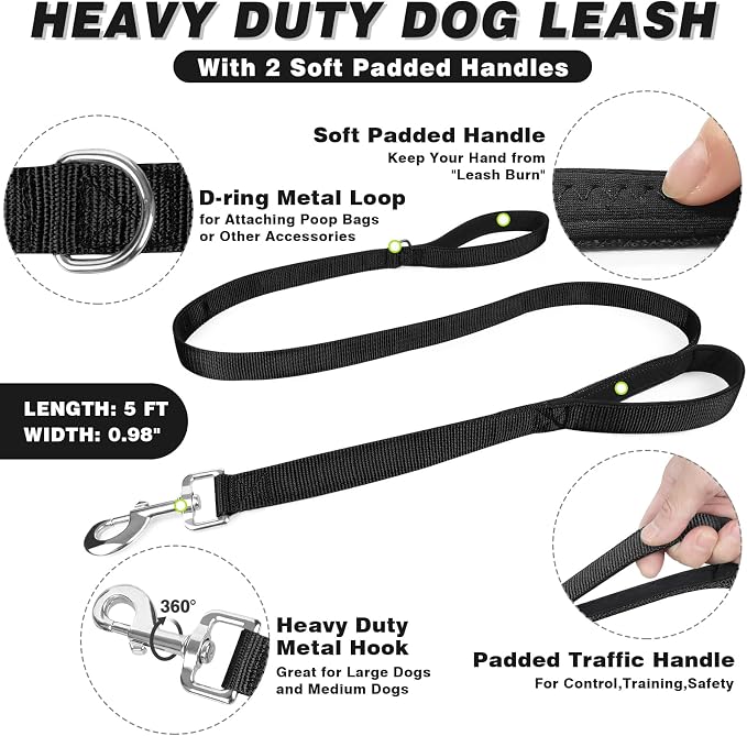 Tactical Dog Harness and Leash Set with Metal Buckles+10 Patches | Heavy Duty Service Dog Vest ,Adjustable Harness for Medium Sized Dogs,No Pull Front Back Clips,for Training Hiking,Black M