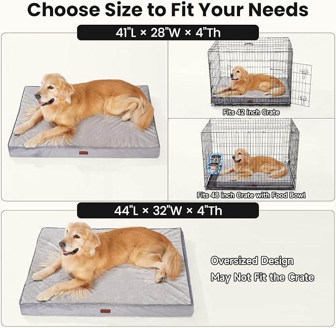 OhGeni Orthopedic Waterproof Dog Bed for Large Dogs, Machine-Washable Removable Cover in Easy-Clean Fabric, Reversible Memory Foam & Easy-Carry Handle, Wider and Larger, 44 inch (Gray)