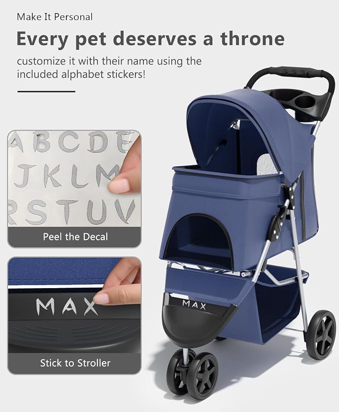 OS MOTOR 3 Wheels Pet Stroller for Small Medium Pets, Navy Blue | Foldable Carrier Jogger, Rear Wheel Breaks, Storage Basket, Visible Mesh Weather Cover, Portable, Dog, Cat, Puppy, Kitty