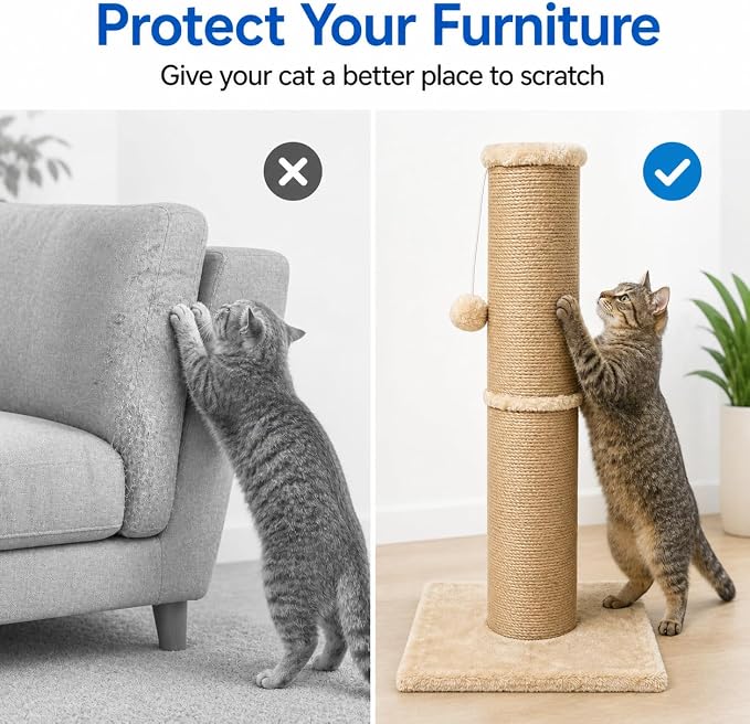 Sisal Cat Scratching Post for Indoor Cats & Kittens, 5.5" Diameter Heavy Duty Vertical Scratcher, 32 Inch Extra Tall Furniture Protector with Stable Base, Yellow