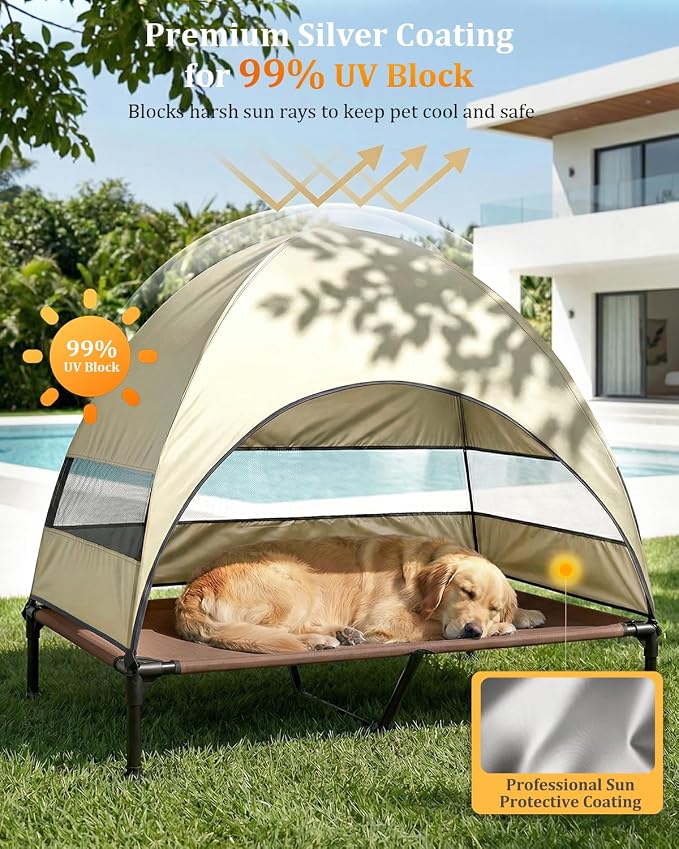 Elevated Dog Bed with Canopy - 3-Sided UV Protection Pet Tent with Wider Shade, Raised Cooling Outdoor Dog Cot with Breathable Mesh for Medium Large Dogs, Portable Bed for Camping, Patio (Khaki, XL)
