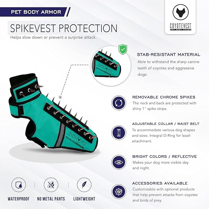 CoyoteVest SpikeVest Dog Harness, Made in the USA, L-Turquoise | Stab-Resistant Protective Vest | Coyote Vest for Dogs | Defends Against Coyotes, Dogs, Birds of Prey | Reflective Safety