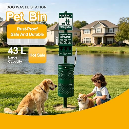 10-Gallon Galvanized Steel Dog Waste Station with Sign, Dog Poop Trash Can for Yard & Communities, Locking Dispenser & Waste Can Outdoor Pet Waste Disposal System