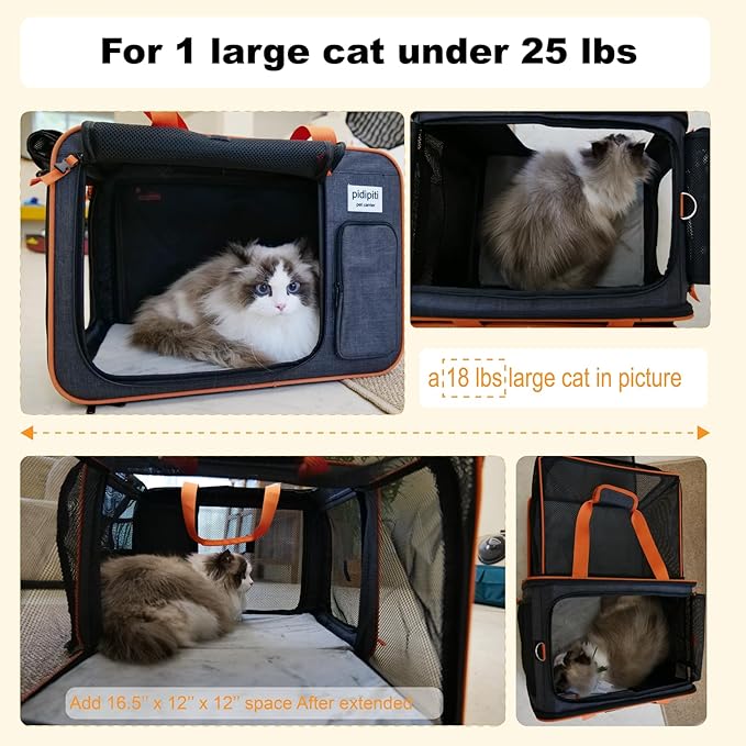 pidipiti 20 x 14 x 14 inches Expandable pet Carrier for 1 Large cat Under 25 lbs,2 Medium Cats 20 lbs+,cat Crate/Bag for Short Trip/Long Distance car Travel