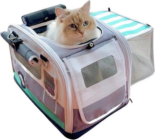 Kittyrama Soft-Sided Airline Approved Cat Carrier with Expandable Hideaway | Escape-Proof SBS Self-Locking Zippers | 22 lb Capacity | Vet Approved | Top & Side Entry | 17×11×11 in