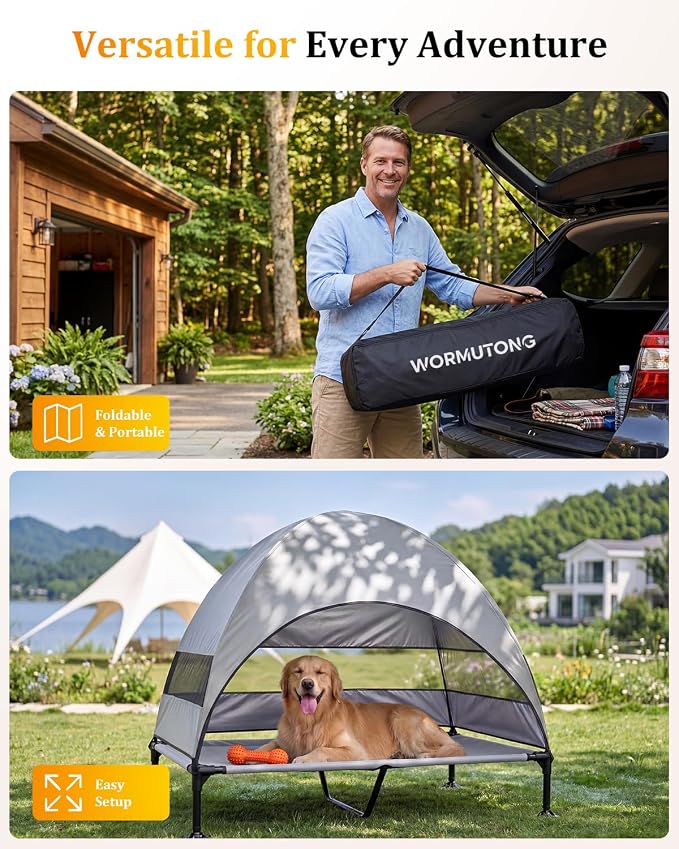 Elevated Outdoor Dog Bed with Canopy, Raised Dog Cot with Stable Adjustable Feet, Dog Camping Bed with Larger Shade, Lifted Dog Tent Bed with Canopy for Outside