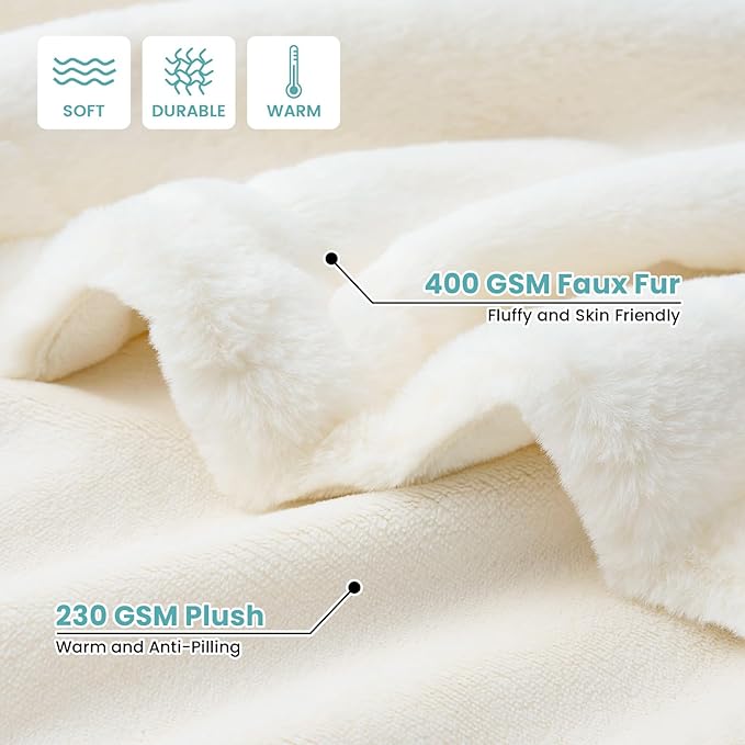 Luxury Faux Fur Throw Blanket Twin, Ultra Soft Waterproof Pet Blanket, Cozy Warm Plush Blanket for Bed Sofa Bedroom Living Room, Liquid Pee Proof for Large Dog or Cat, 60x80 inch, Cream