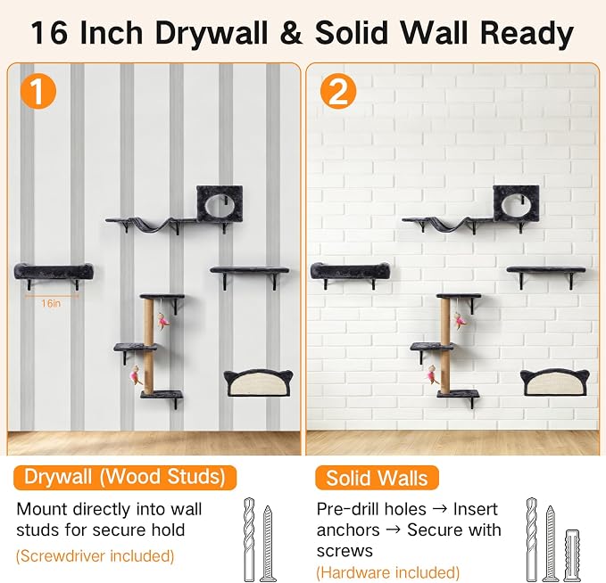 5-in-1 Cat Wall Shelves for Indoor Cats, Wall Mounted Cat Furniture Set with Bed, Perch, Hideaway Condo, Scratching Post & Scratcher, Cat Climbing Wall Playground, Space Saving Design, Black