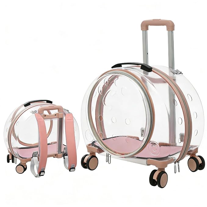 Pet Carrier with Wheels, Transparent Hard Breathable Pet Carrier with Ventilation Holes Telescopic Handle Multiple Carrying Strollers for Cats Dogs (Pink)
