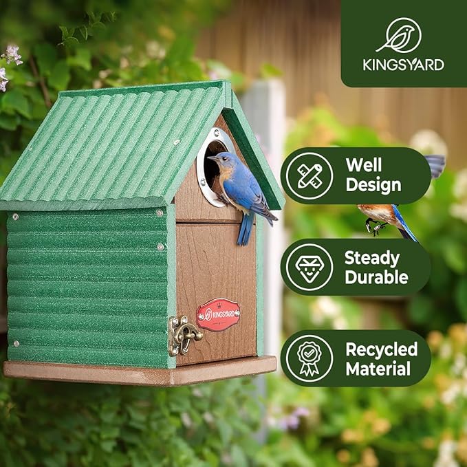 Kingsyard Recycled Plastic Bird House for Outdoors - Weatherproof Nesting Box with Clear View Panel & Predator Guard for Bluebird Wren Swallow Finch, Green