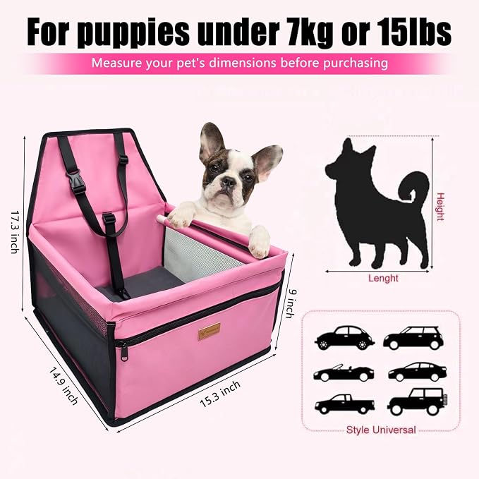 Pet Dog Booster Seat, Upgrading the Framed wall to Prevent Collapse，Breathable and Foldable Pet Car Basket，Removable andWashable pet car seat (Pink)
