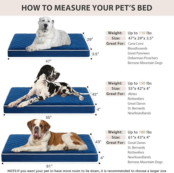 WNPETHOME Orthopedic Giant Human Dog Beds for Adult & Dog Cozy Sleep | Human Washable Waterproof Dogs Bed with Removable Cover, Multi-Needle Quilting Dogs Crate Bed for Relax , Blue 61x43 Inch