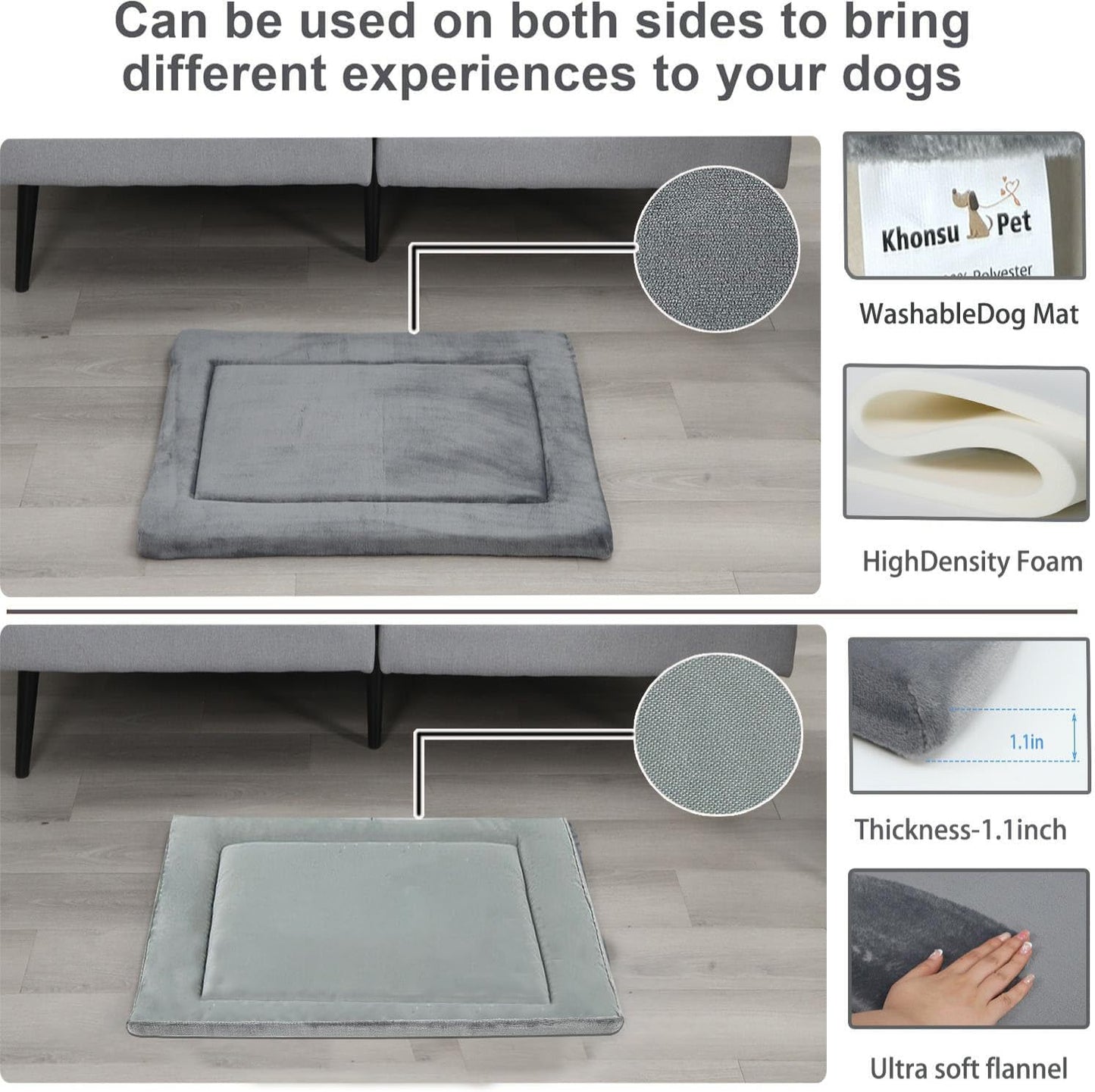 KHONSU PET Dog Bed Mat for Crate 1.1in Slim Cooling Pad Reversible Flannel & Waterproof Canva for Dogs up to 70 lbs