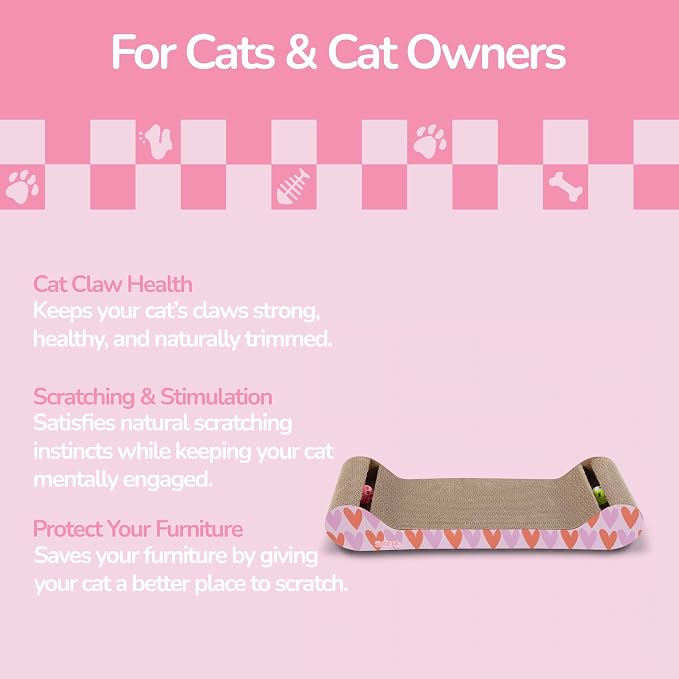 Rini 23.75" Modern Corrugated Cardboard Lounge Bed with Built-in Bell Toys and Catnip, Ergonomic Curved Sofa Scratcher for Indoor Cats, Pink/Red, (Set of 2) CSR1003D-SET2