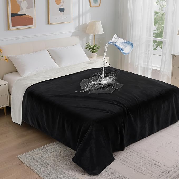 LOOBANI Waterproof Blanket for Twin Bed, Black Throw Blanket 60" x 80" | Splash Blankets for Large Dogs, Reversible Spill-Proof, Couch Cover for Sofa Protection, Movie Nights, Camping, Noise Free