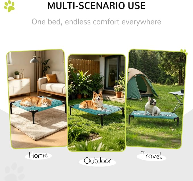 Outdoor Elevated Dog Bed for Medium Dogs, Teal Green Wooden Grain Breathable Cooling Raised Dog Cot for Indoor/Outdoor, Gradient Farmhouse Wood Plank Waterproof Elevated Pet Beds, M 24 x 20 in