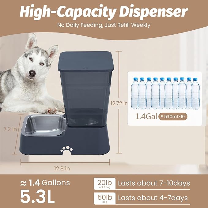 Automatic 5.4L/1.4Gal Pet Waterer, Pet Automatic Dog Water Dispenser Gravity Stainless Steel Water Feeder, Large Capacity Feeding Bowls for Cats and Medium & Large-Sized Dogs